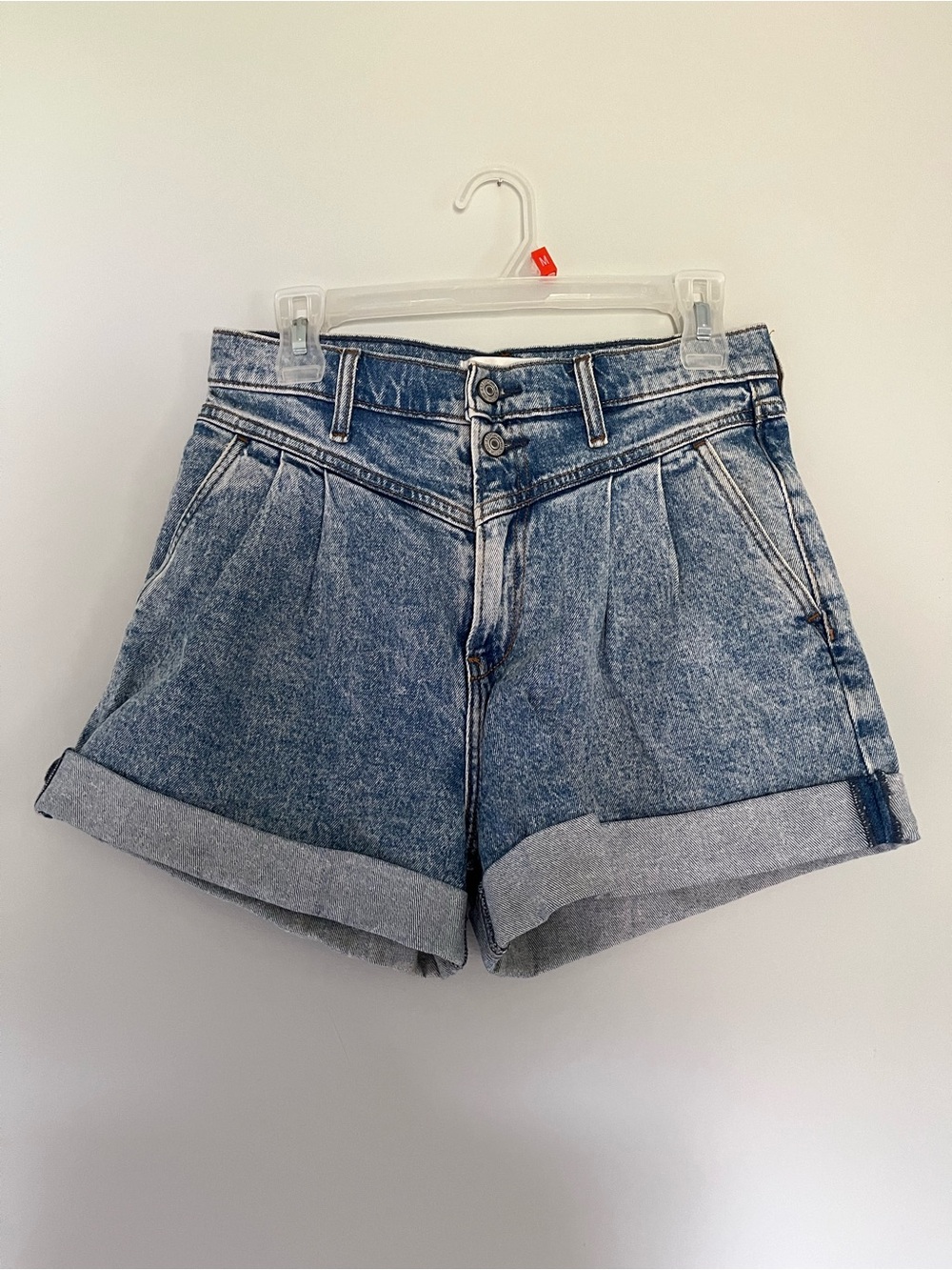 Abercrombie & Fitch Light Blue High-Rise Pleated Denim Shorts